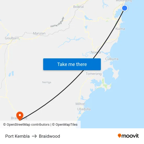 Port Kembla to Braidwood map
