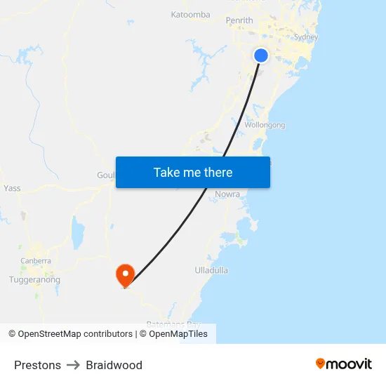 Prestons to Braidwood map