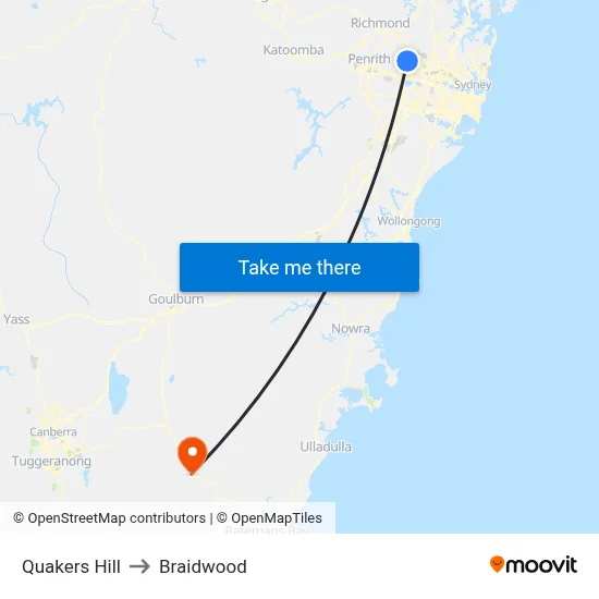 Quakers Hill to Braidwood map