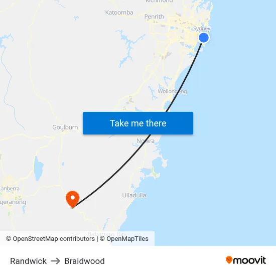 Randwick to Braidwood map