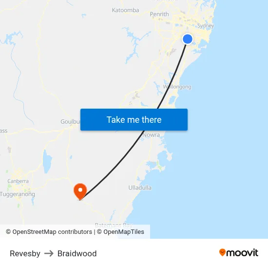 Revesby to Braidwood map