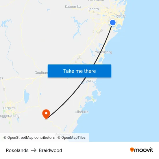 Roselands to Braidwood map