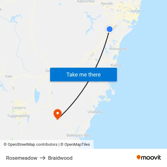 Rosemeadow to Braidwood map