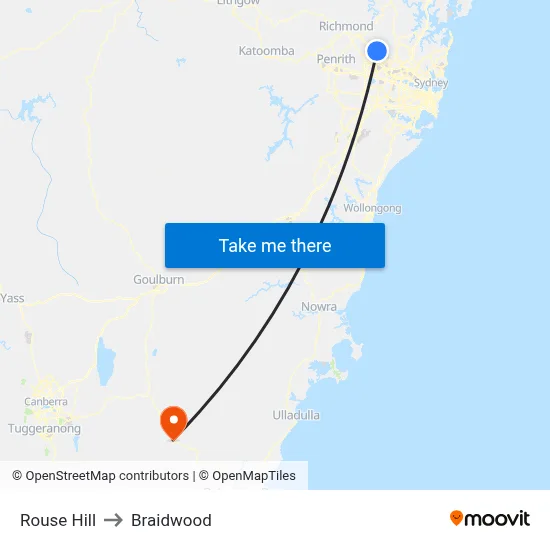Rouse Hill to Braidwood map