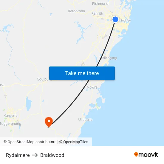Rydalmere to Braidwood map