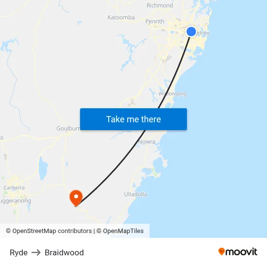 Ryde to Braidwood map