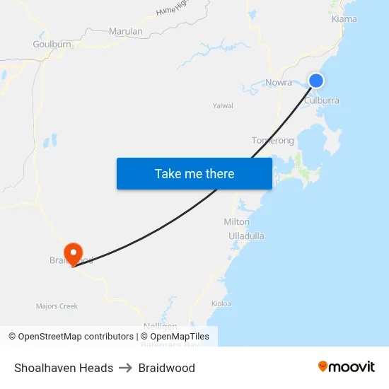 Shoalhaven Heads to Braidwood map