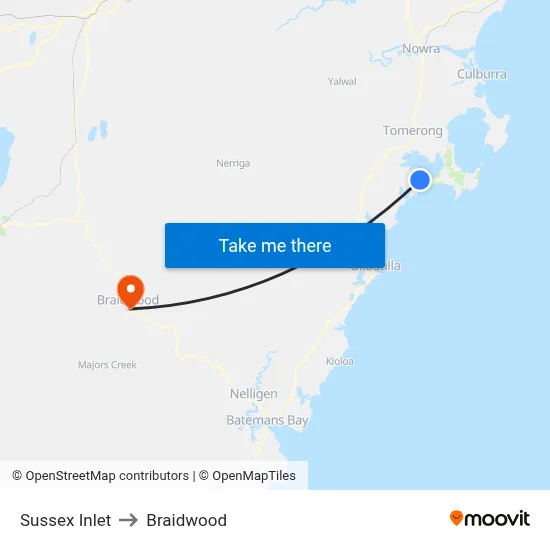Sussex Inlet to Braidwood map