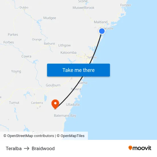 Teralba to Braidwood map