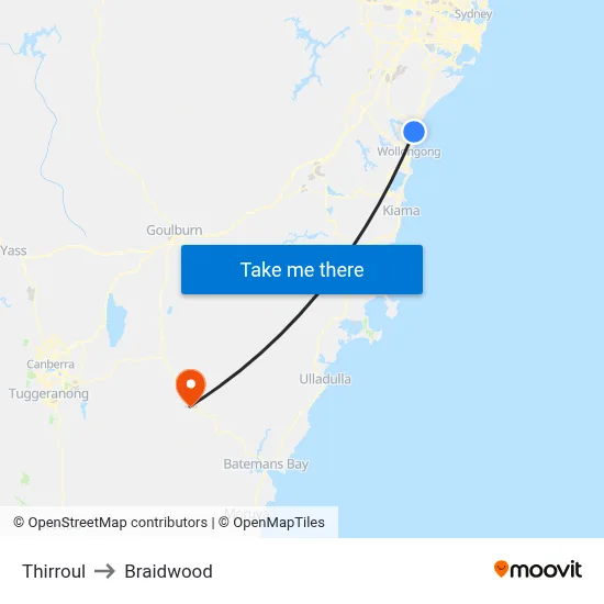 Thirroul to Braidwood map