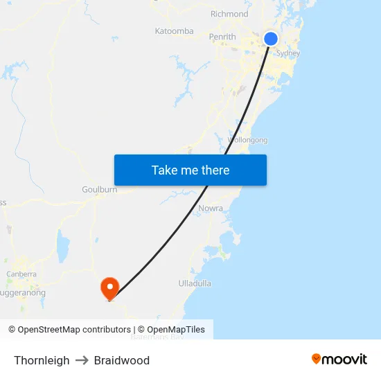 Thornleigh to Braidwood map