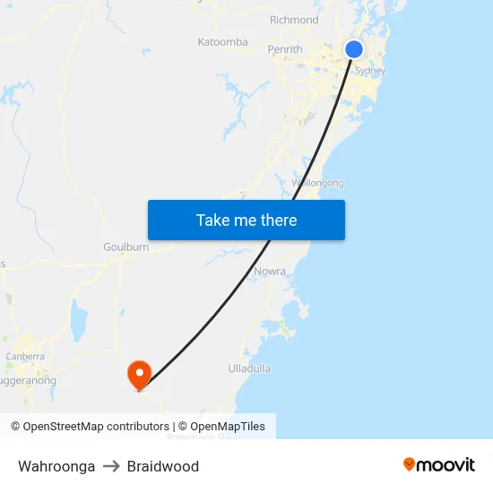 Wahroonga to Braidwood map