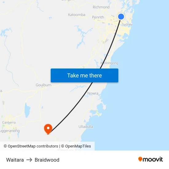 Waitara to Braidwood map