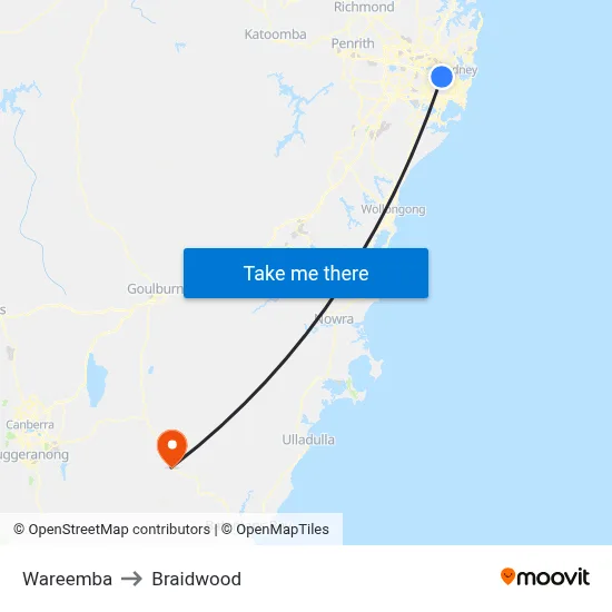 Wareemba to Braidwood map
