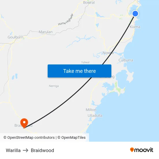 Warilla to Braidwood map