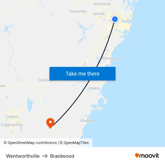 Wentworthville to Braidwood map