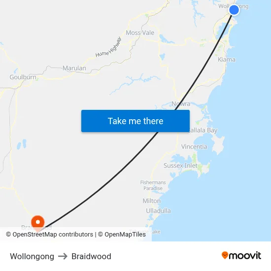 Wollongong to Braidwood map