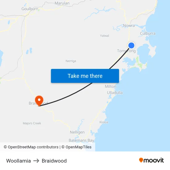 Woollamia to Braidwood map