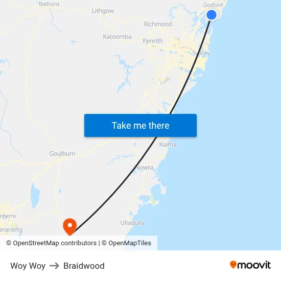 Woy Woy to Braidwood map