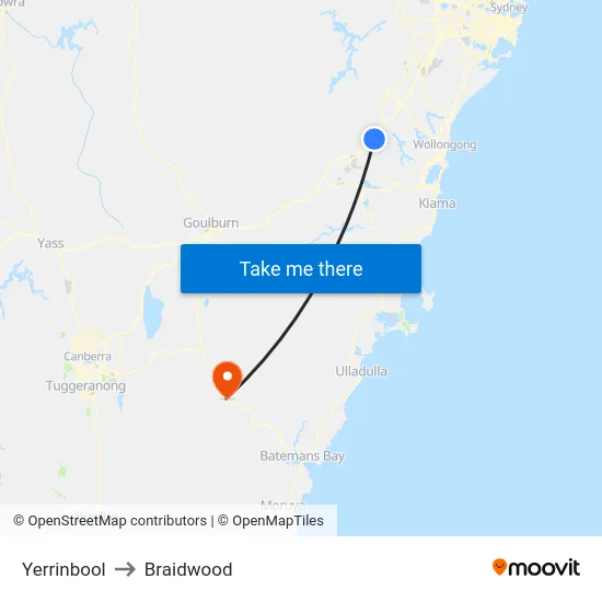 Yerrinbool to Braidwood map