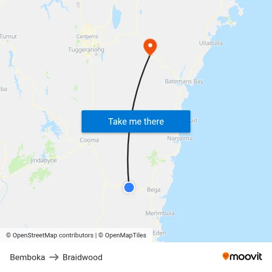 Bemboka to Braidwood map