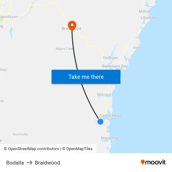 Bodalla to Braidwood map