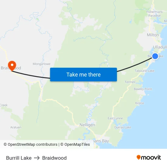 Burrill Lake to Braidwood map