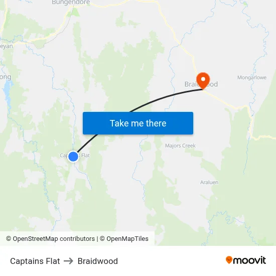 Captains Flat to Braidwood map
