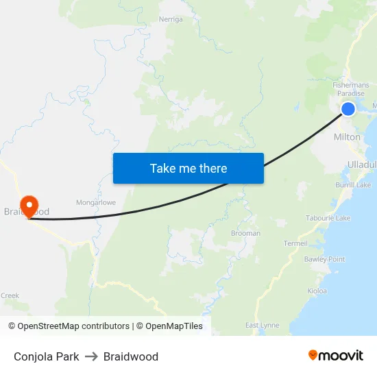 Conjola Park to Braidwood map