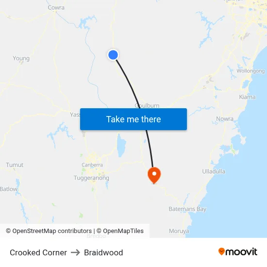 Crooked Corner to Braidwood map