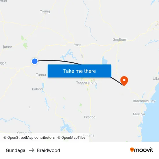 Gundagai to Braidwood map