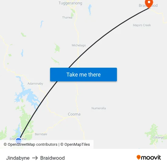 Jindabyne to Braidwood map