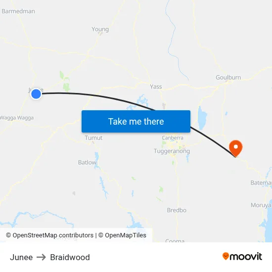 Junee to Braidwood map