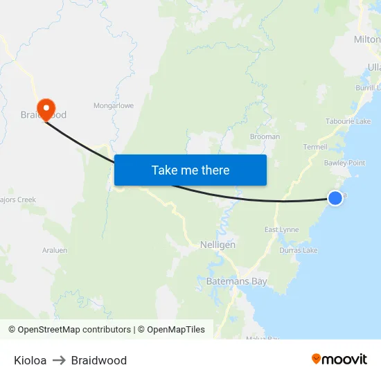 Kioloa to Braidwood map