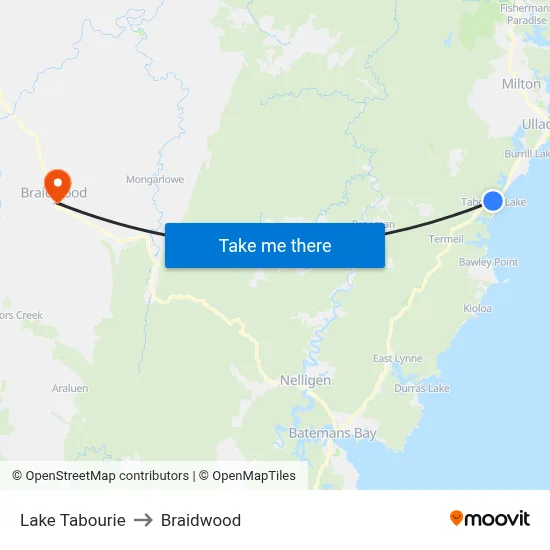 Lake Tabourie to Braidwood map