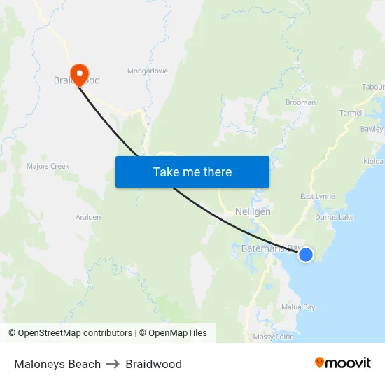 Maloneys Beach to Braidwood map