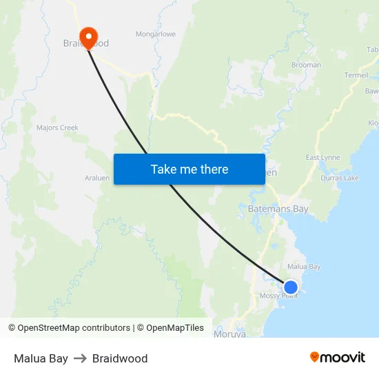 Malua Bay to Braidwood map
