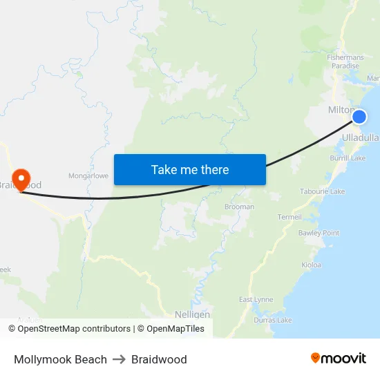 Mollymook Beach to Braidwood map