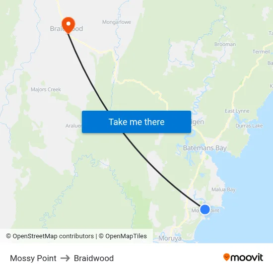 Mossy Point to Braidwood map