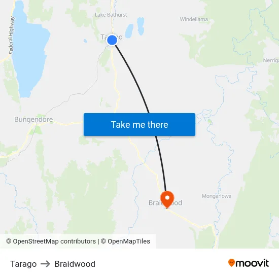 Tarago to Braidwood map