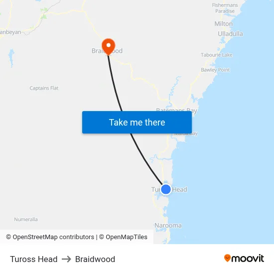 Tuross Head to Braidwood map