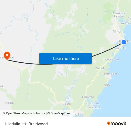 Ulladulla to Braidwood map