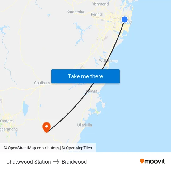 Chatswood Station to Braidwood map