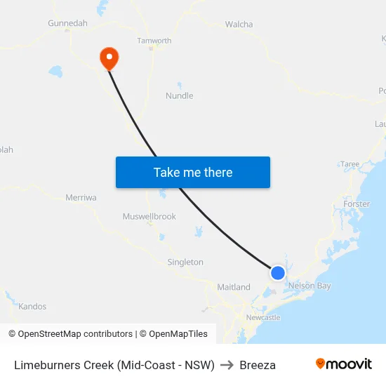 Limeburners Creek (Mid-Coast - NSW) to Breeza map