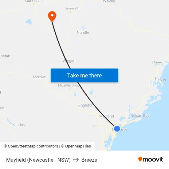 Mayfield (Newcastle - NSW) to Breeza map
