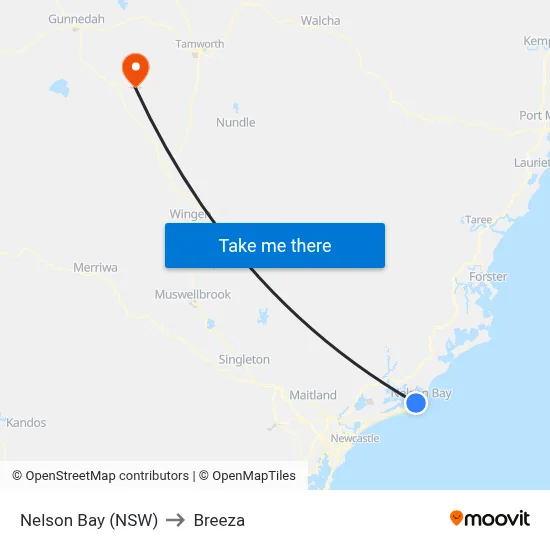 Nelson Bay (NSW) to Breeza map