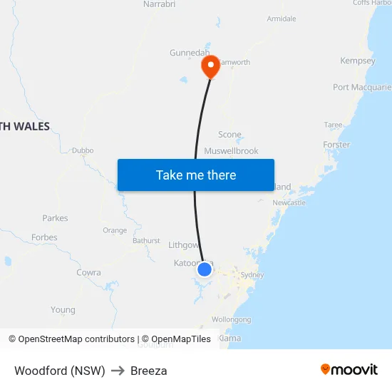 Woodford (NSW) to Breeza map