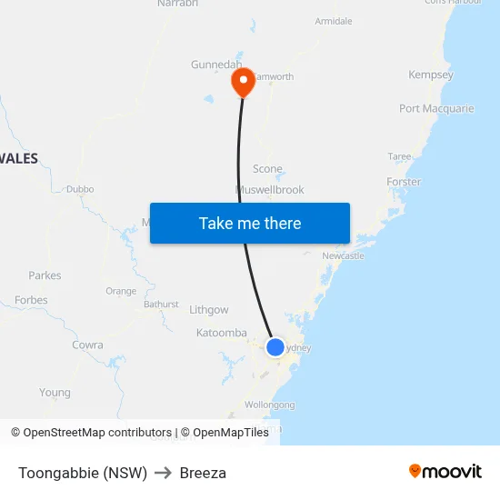 Toongabbie (NSW) to Breeza map