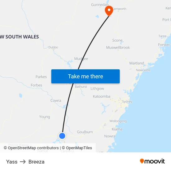 Yass to Breeza map