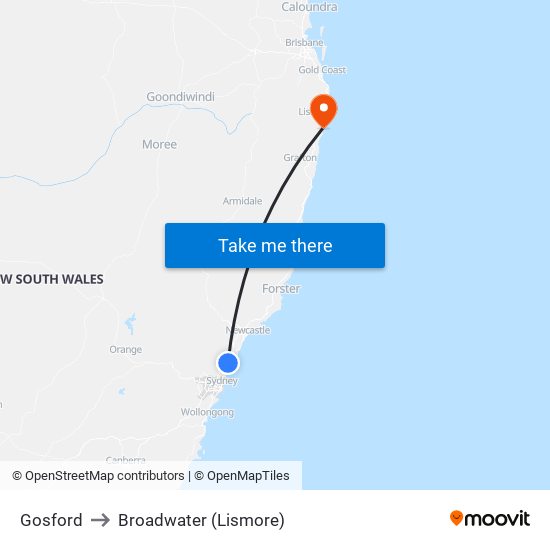 Gosford to Broadwater (Lismore) map